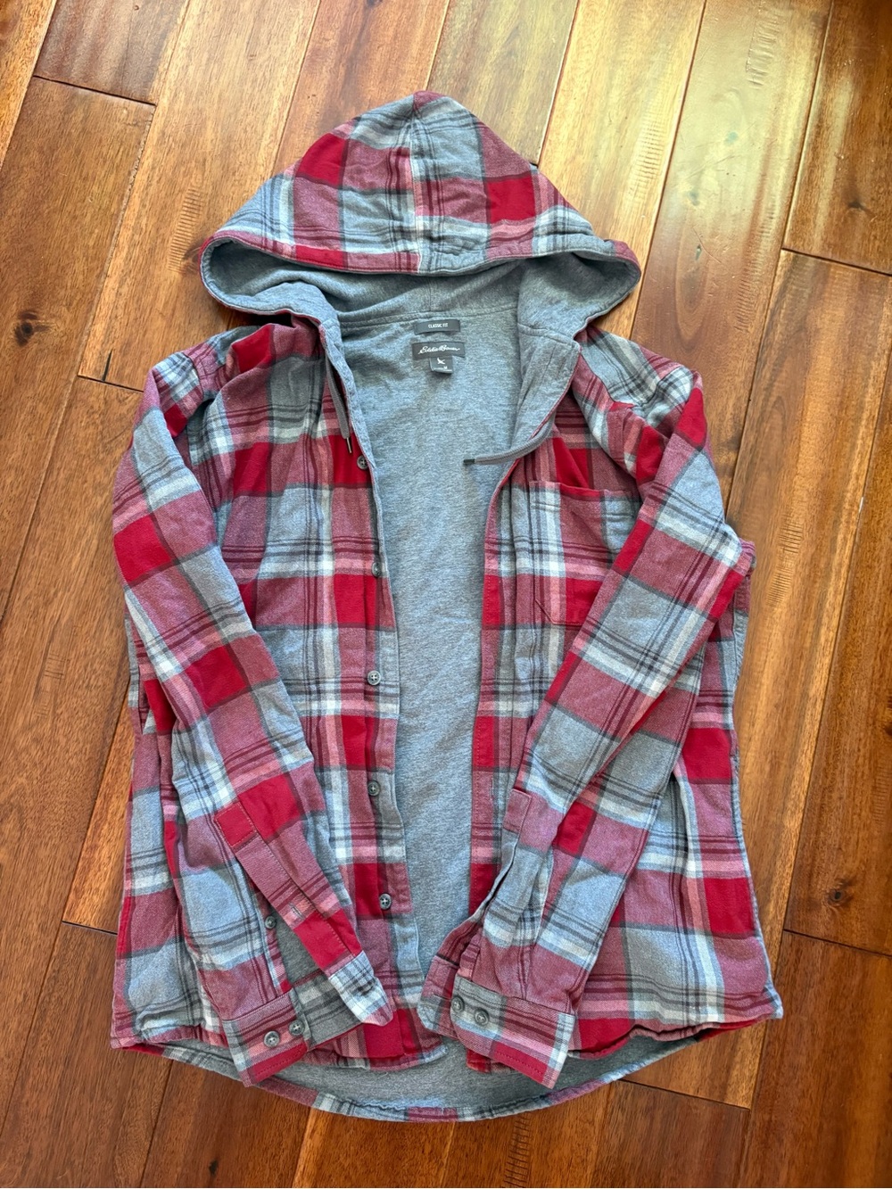 Eddie Bauer Red and Gray Plaid Lightweight Hooded Shirt Jacket